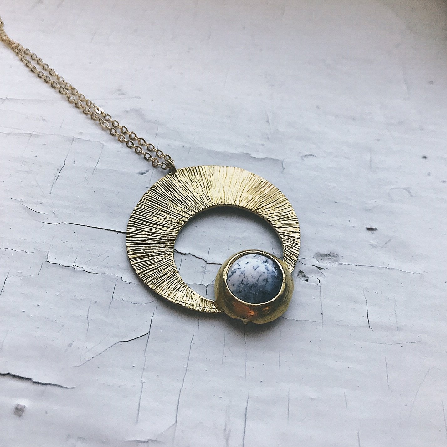 Dendritic Agate Crescent Moon Pendant Necklace - Unique Lunar Fashion Statement Bijou Her