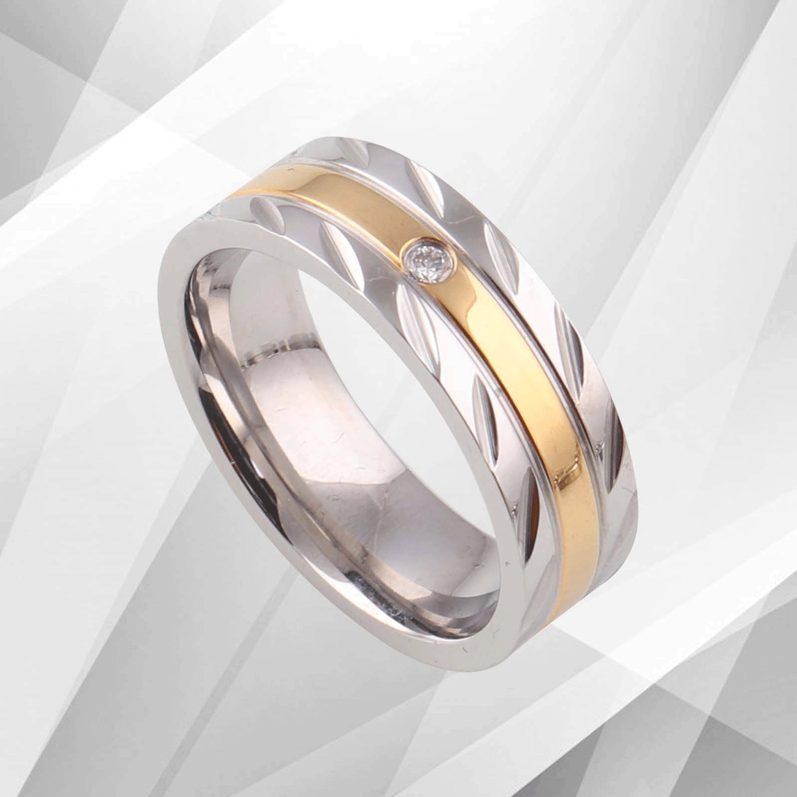 Designer Titanium CZ Diamond Wedding Band Ring - 7mm Wide, 18Ct Yellow & White Gold Finish, Comfort Fit - Women's Engagement, Anniversary Gift (NDFL6A) Bijou Her