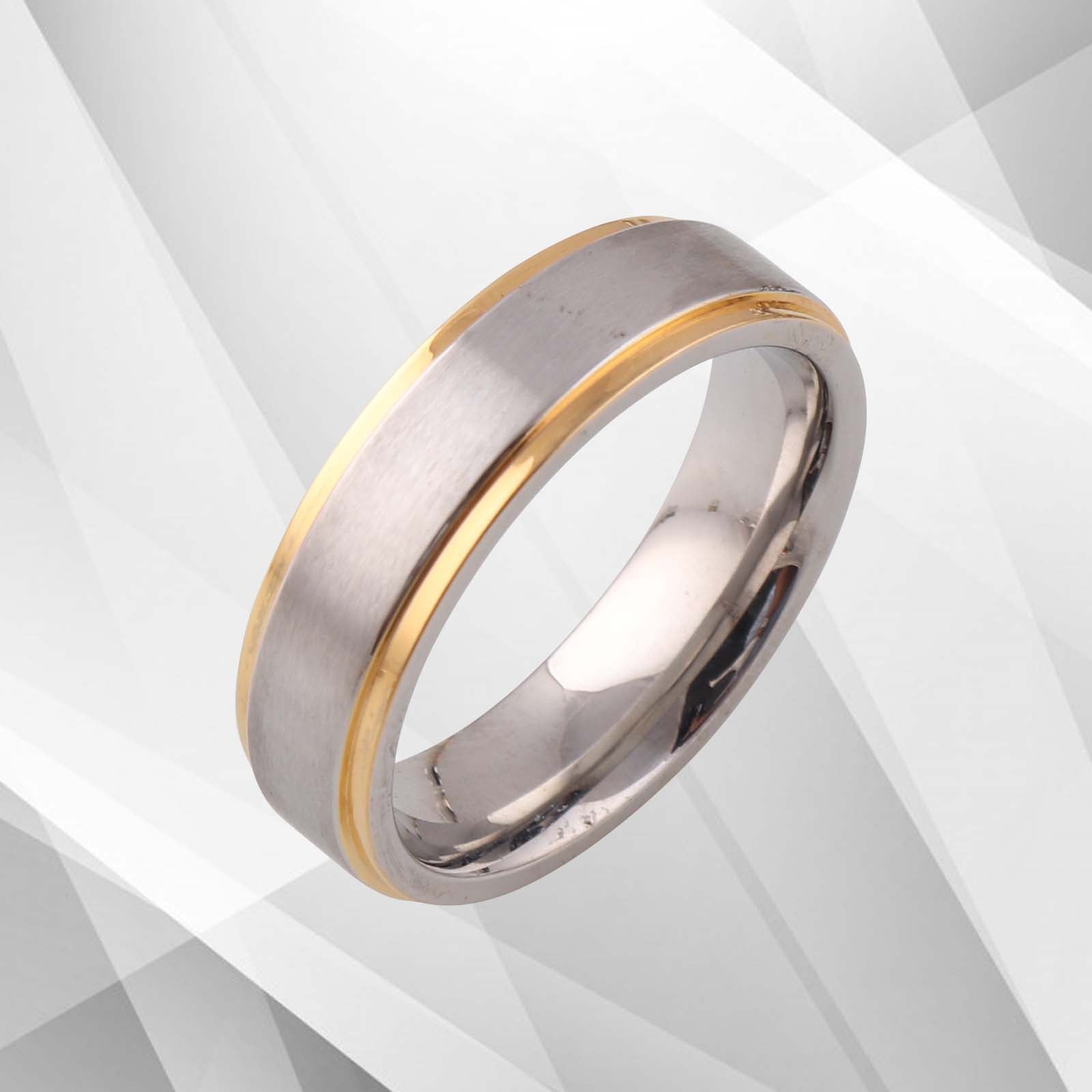 Designer Titanium Wedding Band Ring with 18Ct Yellow and White Gold Plating - 6mm Wide, Comfort Fit, Handmade - Men's Engagement Anniversary Gift (SKU: NDG1A) Bijou Her
