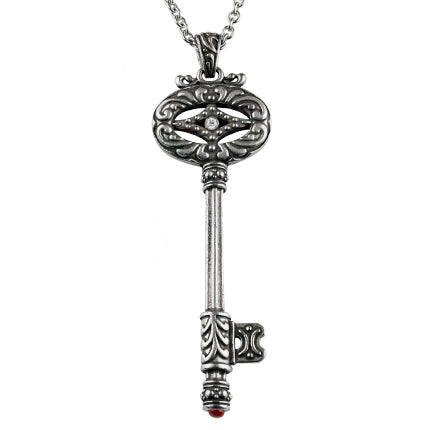 Discover Beyond Key Pendant Necklace - Stainless Steel with CZ and Agate Stones, 24" Chain Length. Bijou Her