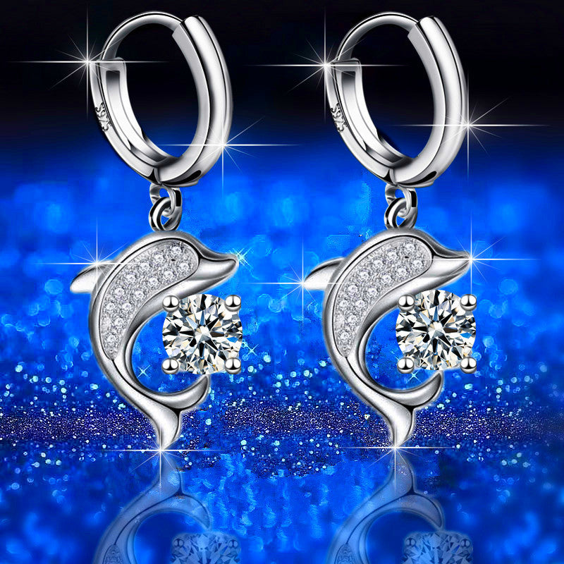 Dolphin Water Drop Ear Clip Full Diamond Mid-length Earrings Bijou Her