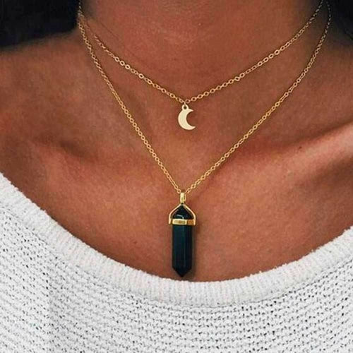 Double Layer Crescent Moon Necklace with Natural Stone Pendant and Zinc Alloy Chain Bijou Her