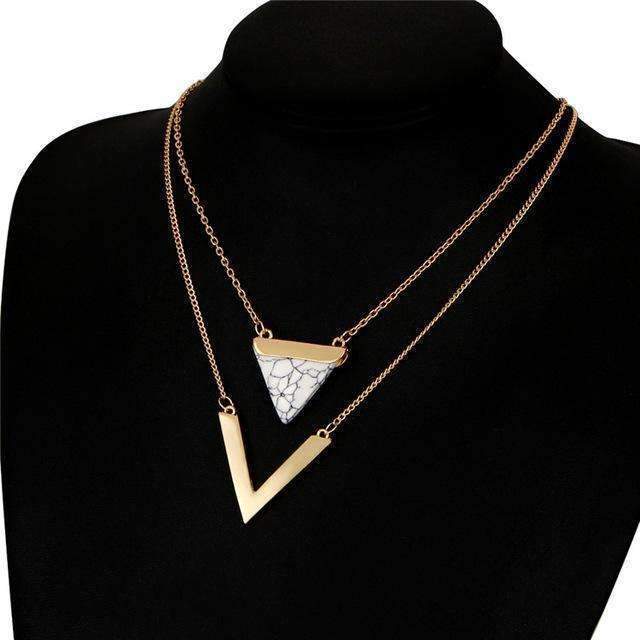 Double Layer Marble and Chevron Necklace - High-Quality Zinc Alloy and Stone Bijou Her