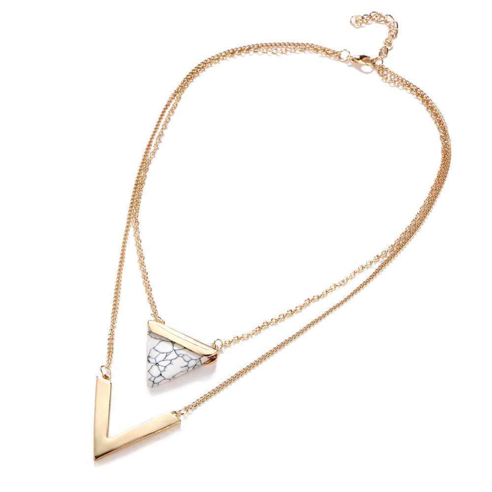 Double Layer Marble and Chevron Necklace - High-Quality Zinc Alloy and Stone Bijou Her