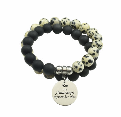 Double Layer Obsidian Dalmatian Bracelet - Genuine Semi Precious Stones, Stainless Steel Accent, Stretch Design Bijou Her