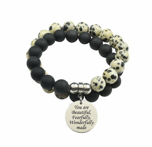 Double Layer Obsidian Dalmatian Bracelet - Genuine Semi Precious Stones, Stainless Steel Accent, Stretch Design Bijou Her