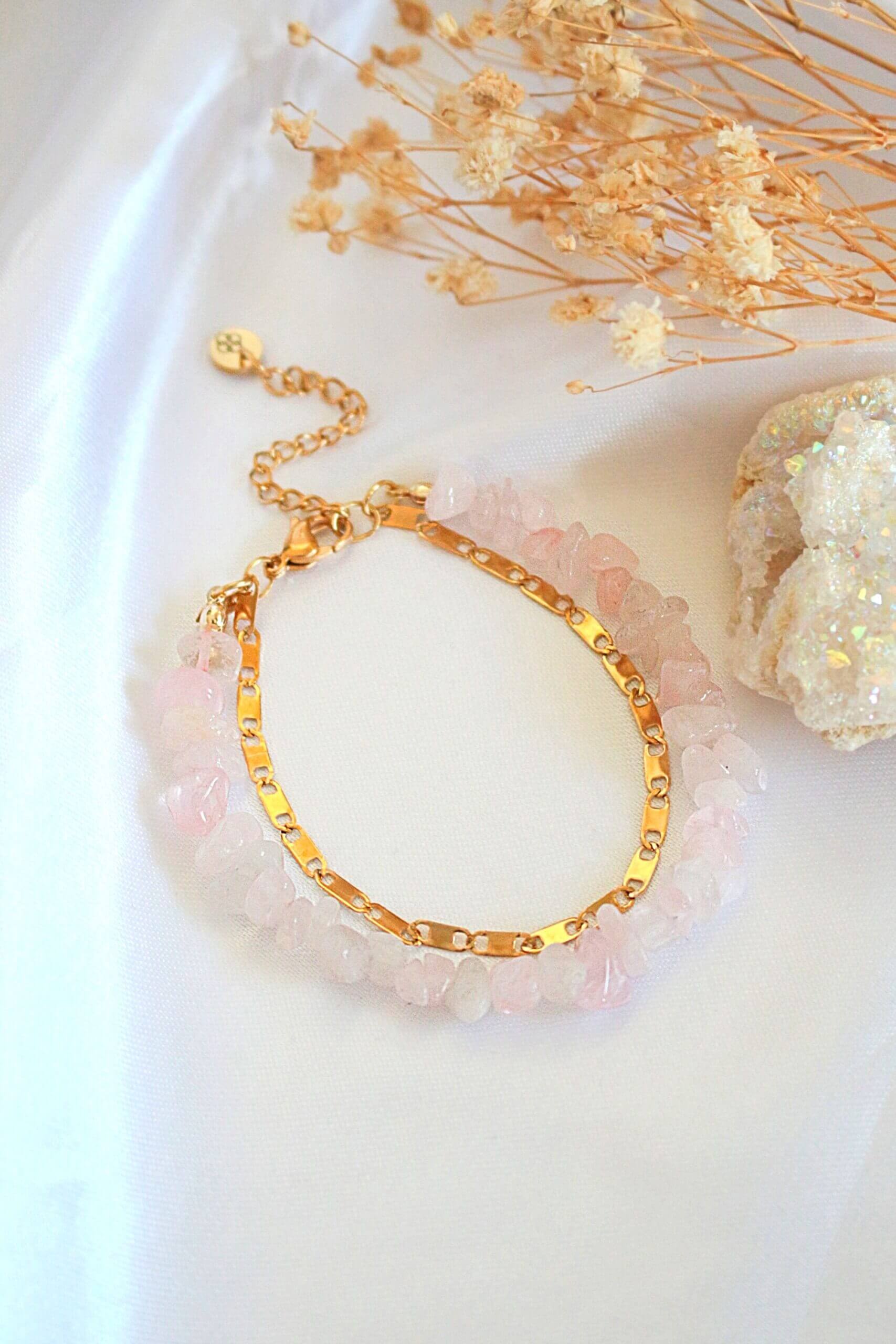 Double-Layered Rose Quartz & 24K Gold Plated Bracelet - Handmade Natural Healing Crystal Jewelry Bijou Her