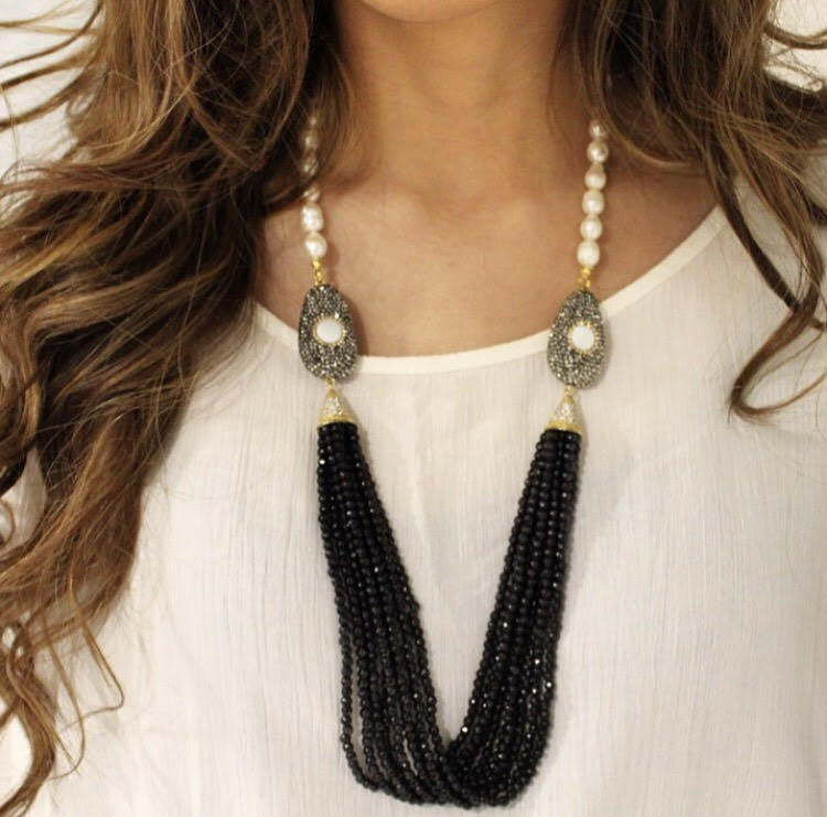 Double Pearl Black Tassel Necklace Bijou Her