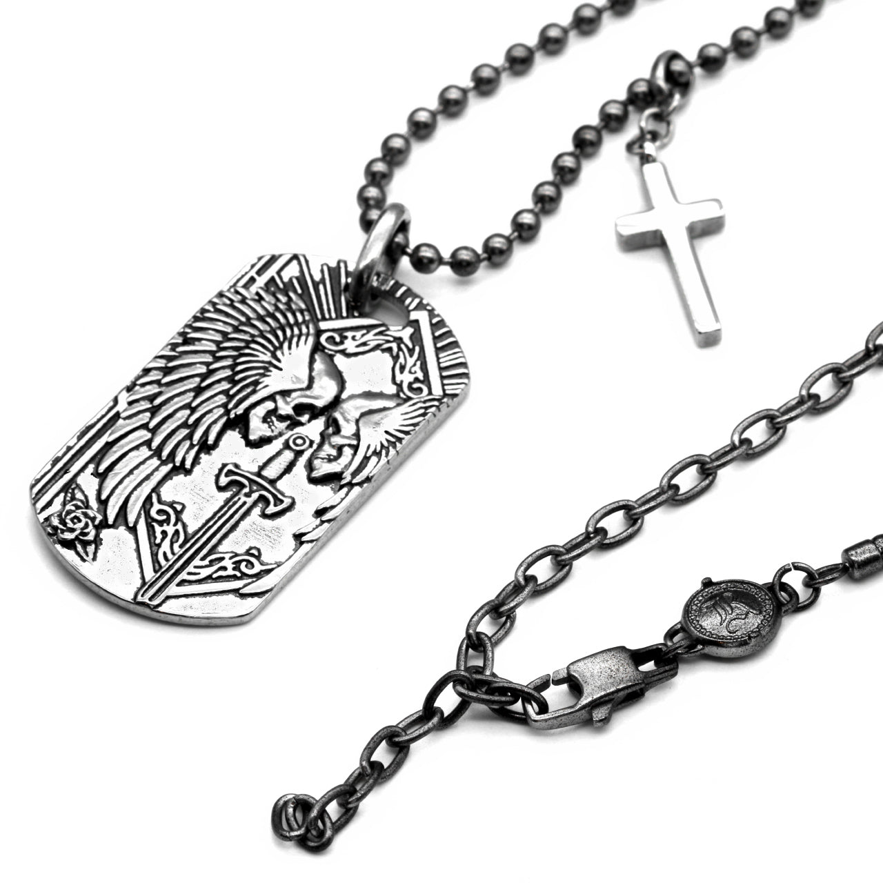 Duty & Honor Skull ID Tag Necklace - Stainless Steel Pendant with Winged Skulls, Sword, and Rose - 23-27" Adjustable Chain Bijou Her