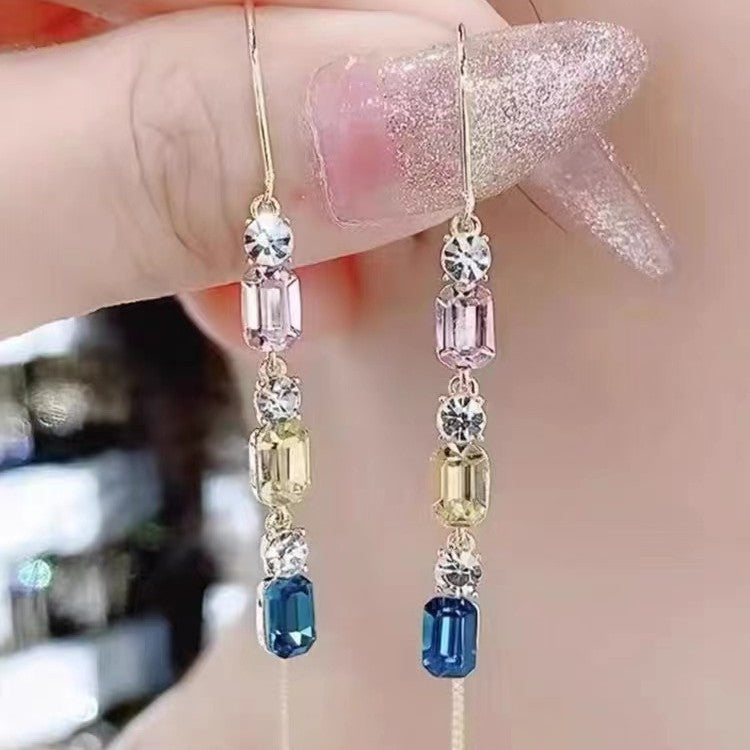 Earring Colored Diamond-encrusted Geometric Tassel Anti-ear-dropping Line Female Bijou Her