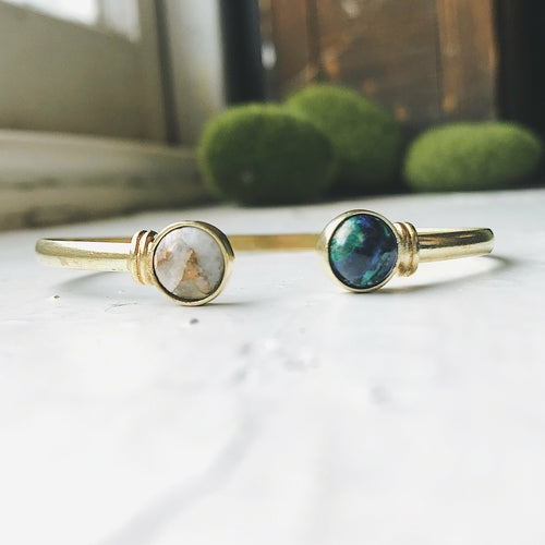 Earth and Moon Natural Stone Cuff Bracelet - Adjustable Size, Plated Brass, Azurite Malachite, Copper Calcite, Handcrafted Bijou Her