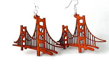 Eco-Friendly Golden Gate Bridge Wood Earrings - Hypoallergenic Silver Ear Wires - Tangerine Color Bijou Her