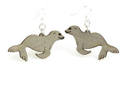 Eco-Friendly Sea Lion Earrings - Sustainable Wood - Hypoallergenic Silver Ear Wires - Gray Color Bijou Her
