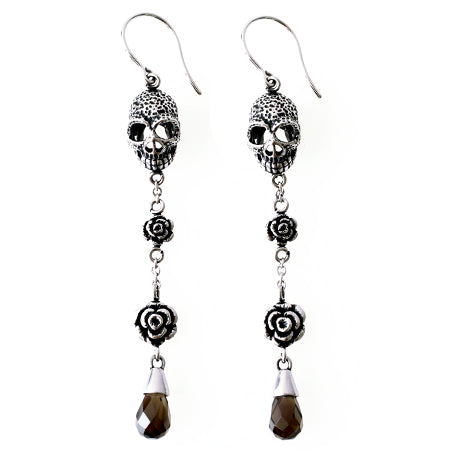 Edgy Skulls and Roses Earrings - Stainless Steel and Smoked Quartz Jewelry Bijou Her