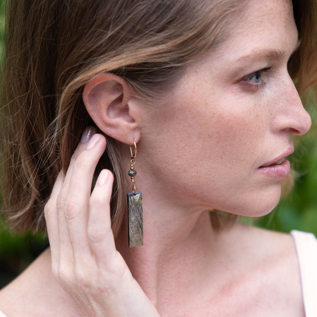 Effortlessly Chic Wiline Horn Earrings with 14k Gold Lever Backs and Pyrite Stone Bijou Her