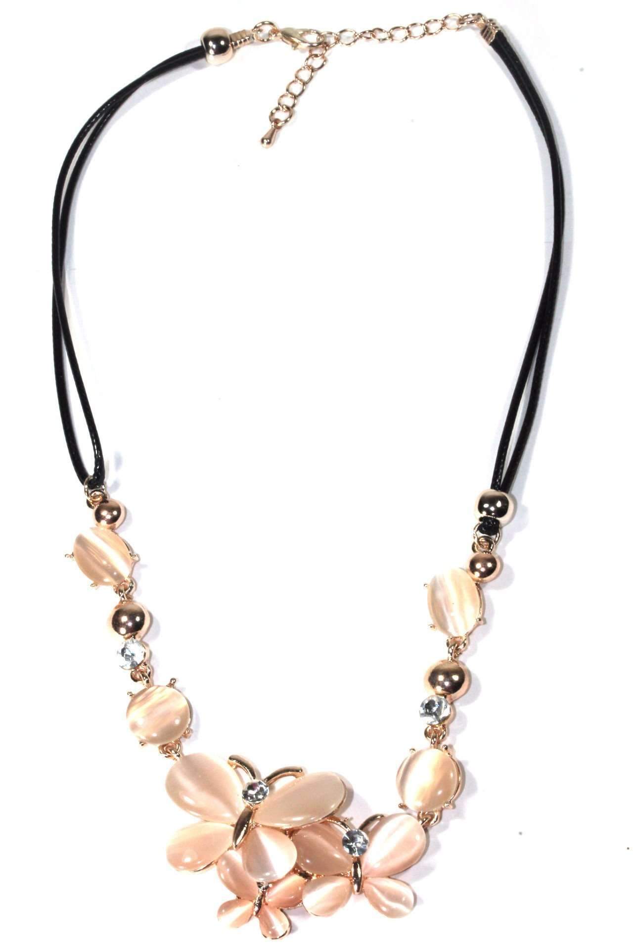 Elegant Butterfly Trio Necklace with Crystal Accents and Pink Stones - 16" Length
Keywords: Necklace, Animals, Beads, Costume Jewelry, Design, Handmade, Luxury, Natural, Women's Jewelry

Note: I excluded all the irrelevant keywords and j Bijou Her