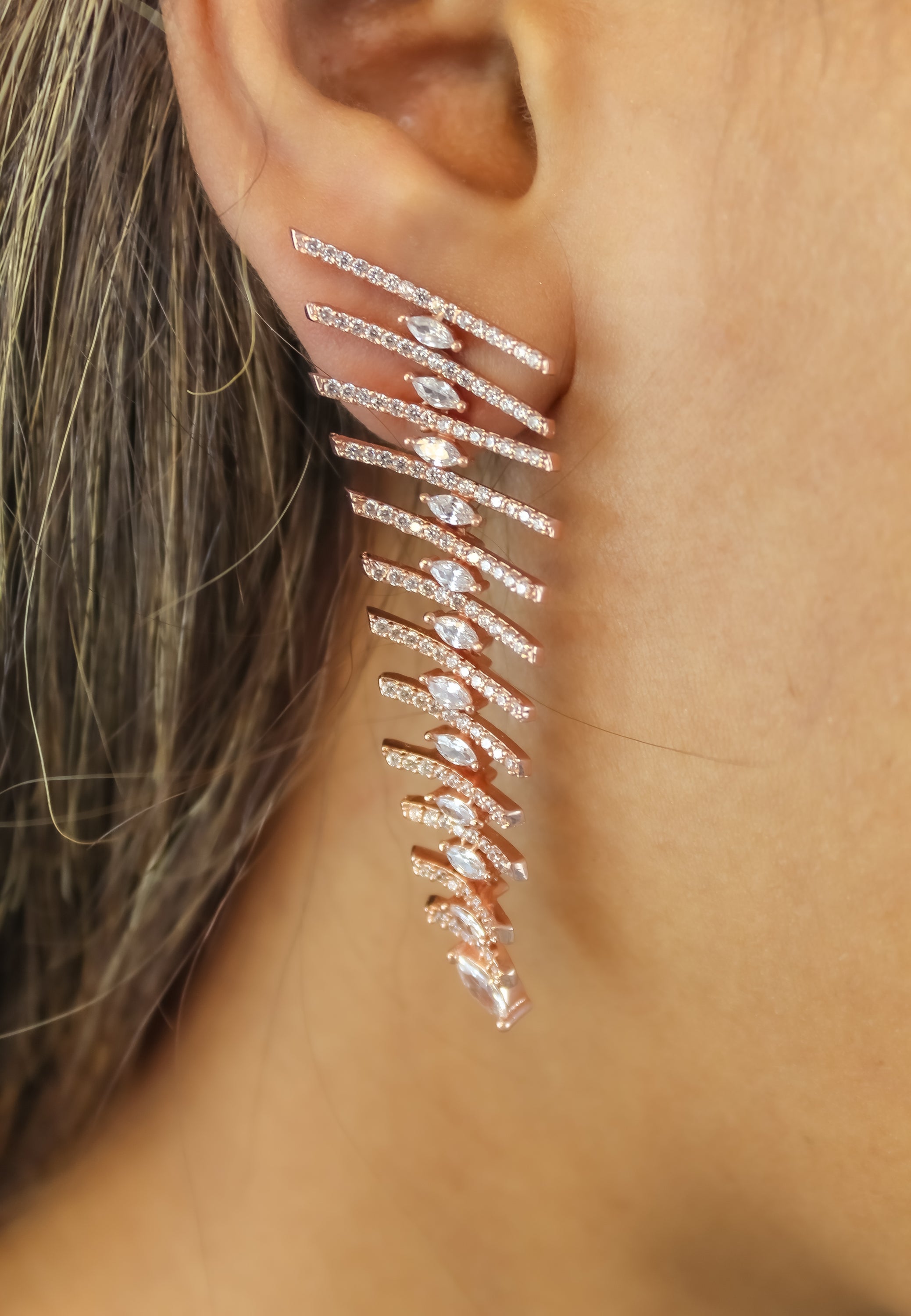 Elegant Fishbone Earrings with Zirconia Stones - Sustainable Jewelry in Gold, Silver, or Rose Gold Plating Bijou Her