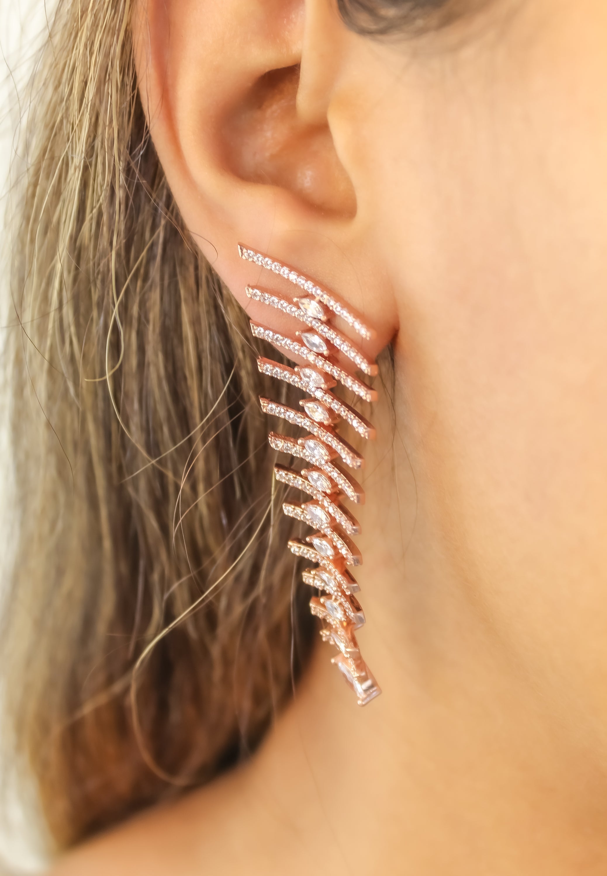 Elegant Fishbone Earrings with Zirconia Stones - Sustainable Jewelry in Gold, Silver, or Rose Gold Plating Bijou Her