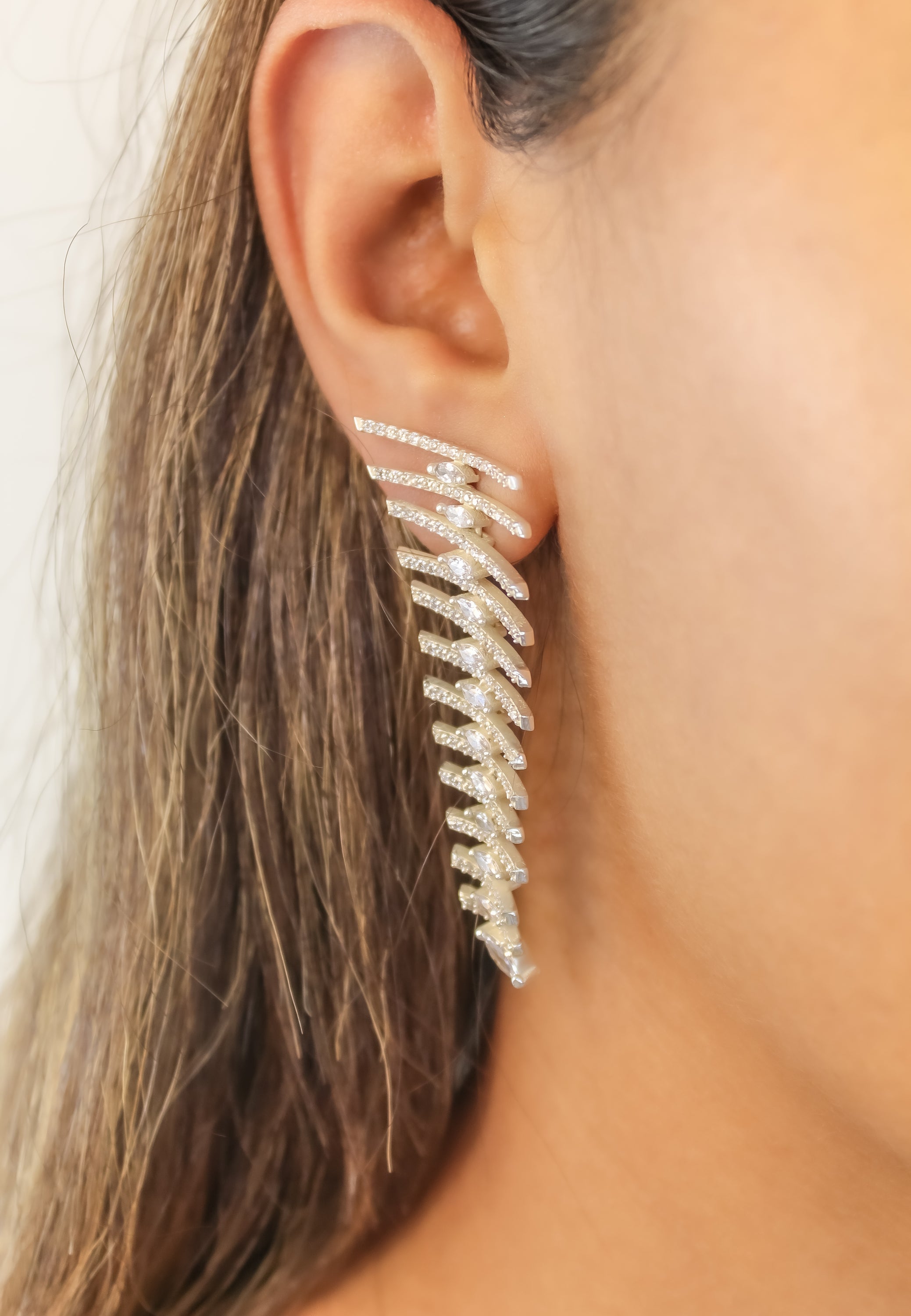 Elegant Fishbone Earrings with Zirconia Stones - Sustainable Jewelry in Gold, Silver, or Rose Gold Plating Bijou Her