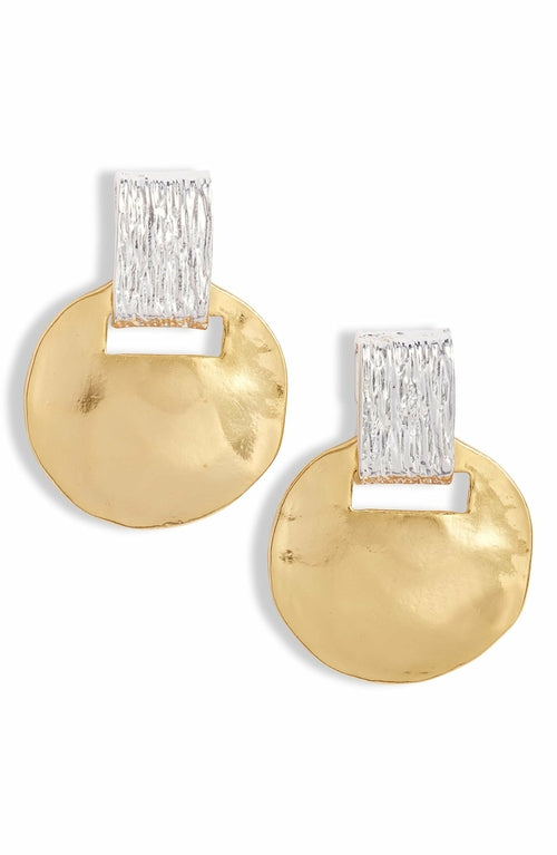 Elegant Mixed Metal Stud Earrings with Brushed Rectangular Post and Hammered Round Disc - 24K Gold and Sterling Silver Plated, Lightweight, 1" Length Bijou Her