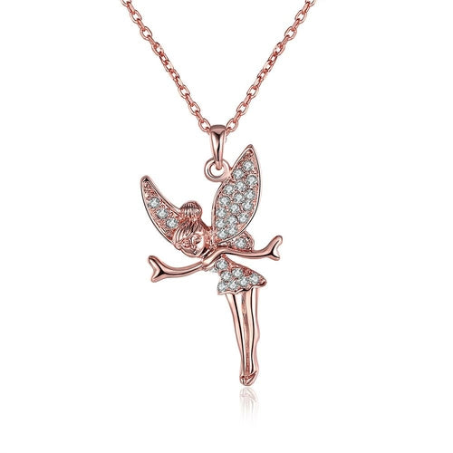 Elements Pav'e Angel Pendant Necklace - 14K Rose Gold Plating, White Stone, Link Chain, Lobster Clasp - Perfect for All Occasions Bijou Her