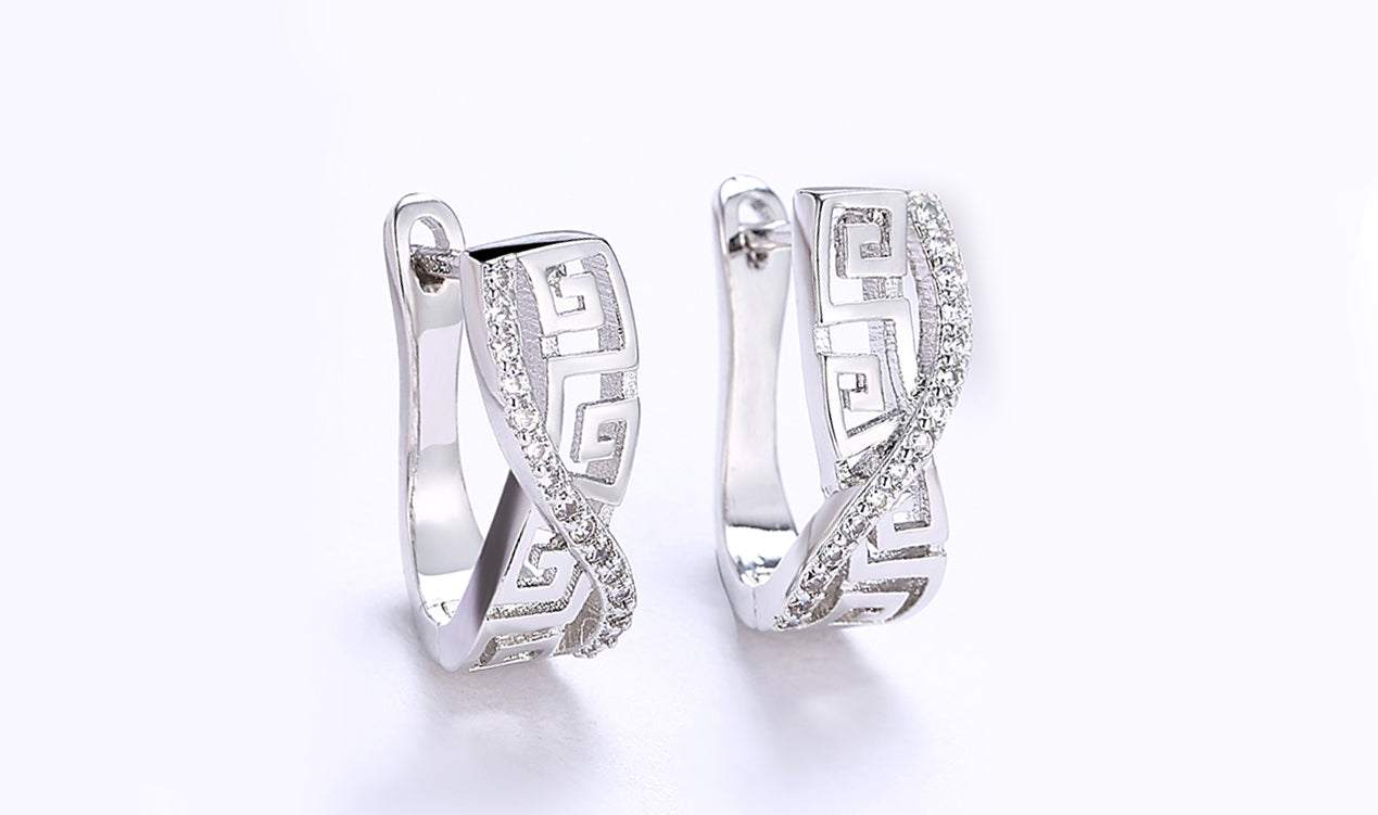 Elements Pav'e Greek Key Design Curved Earrings - 14K White Gold Plated Bijou Her