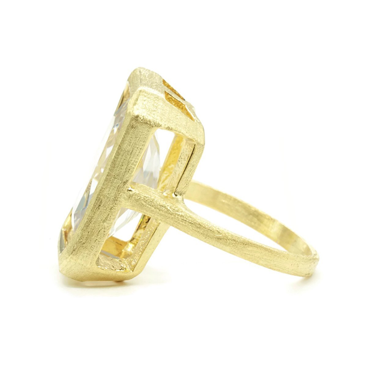 Emerald Cut Clear Cubic Zirconia Stone Ring - Brushed Gold Finish - 14kt Gold Electroplate - Statement Jewelry Bijou Her
