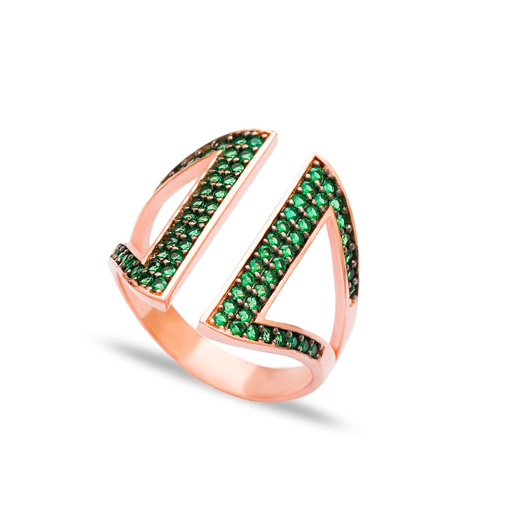 Emerald Green Cubic Zirconia Cuff Ring in Black Gold Finish - Adjustable Length Bijou Her