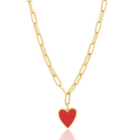 Enamel Heart Charm Necklace - 18k Gold Plated Link, Adjustable 16"-18" Length Bijou Her