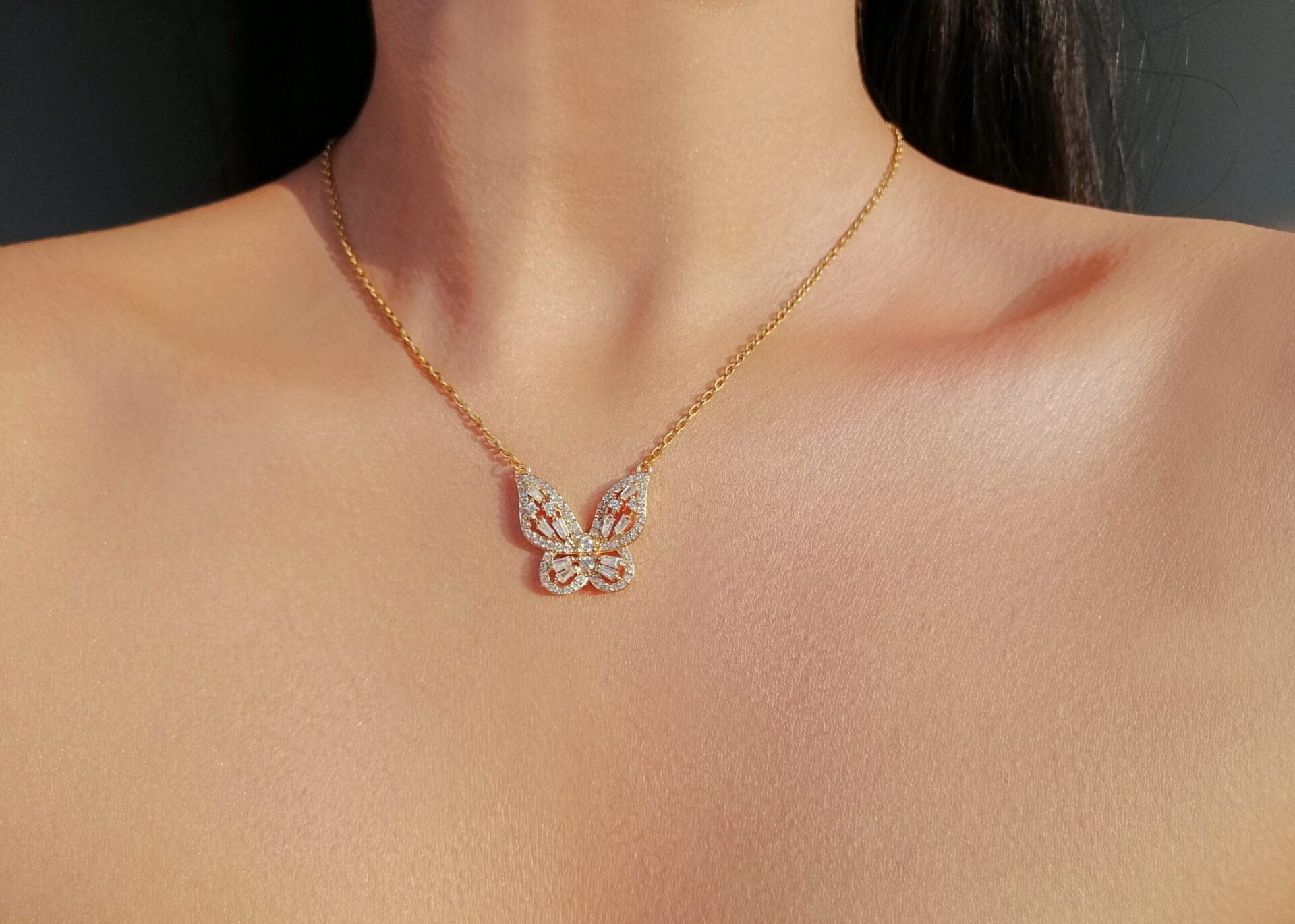 Enchanting 24K Butterfly Pendant Necklace | Handmade in Europe | Hypoallergenic & Durable | Sparkling Cubic Zirconia Inlaid | 43 cm + 5.5 cm Adjustable Length Bijou Her