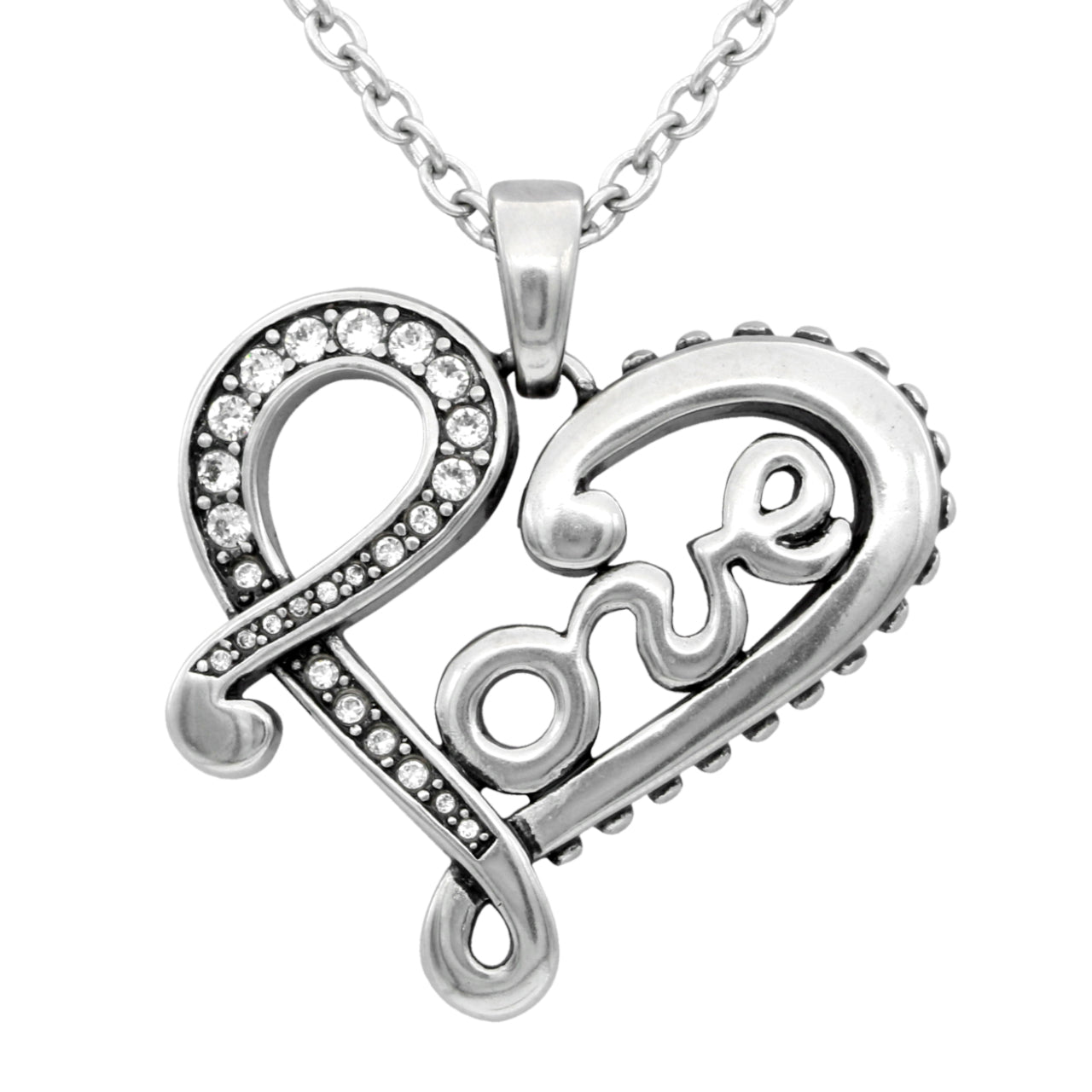 Engraved Heart Necklace with White Swarovski Crystals - Stainless Steel Pendant Bijou Her