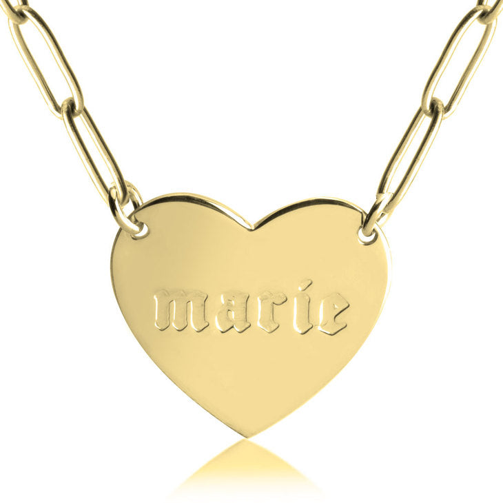 Engraved Heart Paperclip Chain Necklace - Personalized Gift in Sterling Silver or Gold Bijou Her