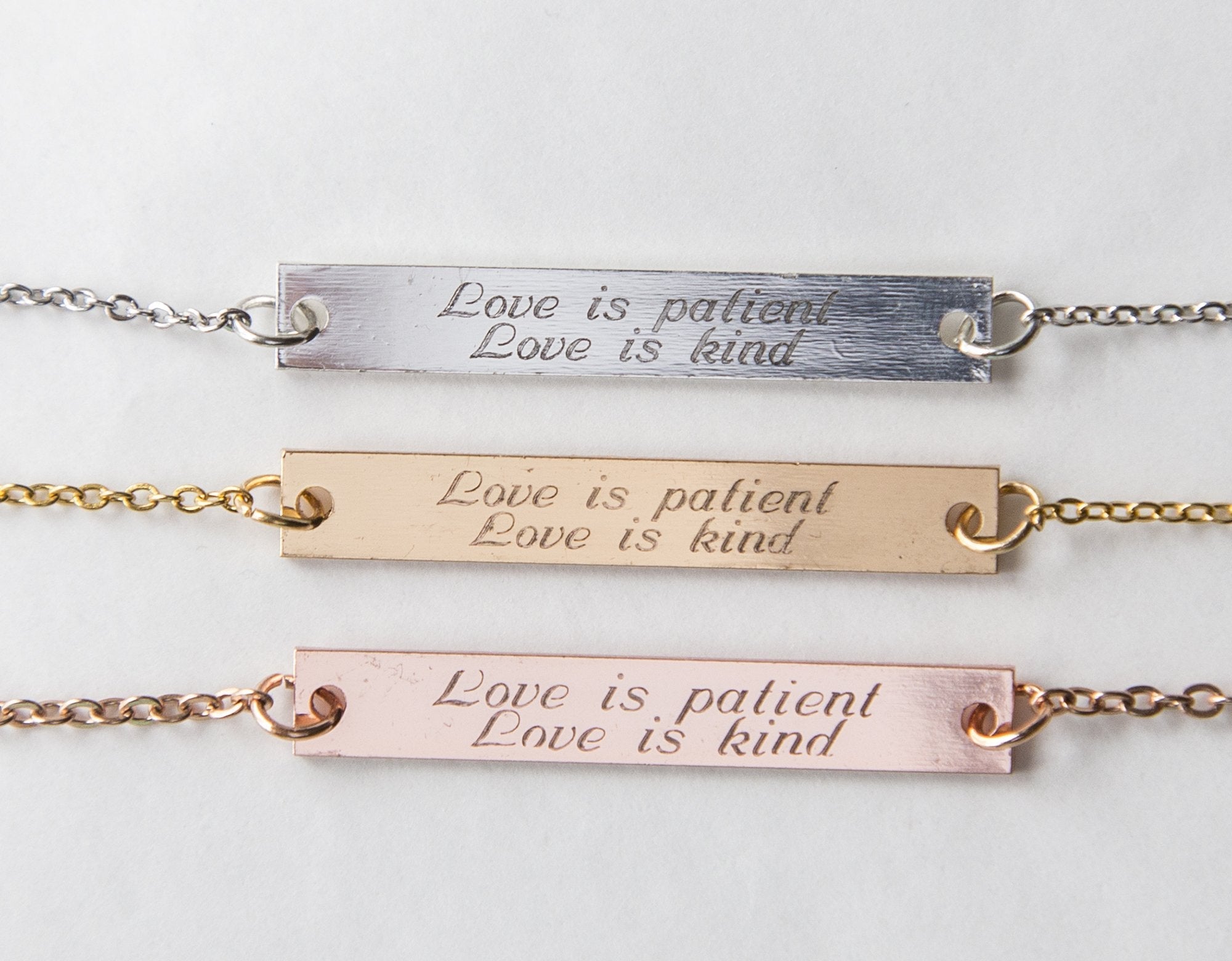 Engraved Love is Patient Love is Kind Bar Pendant Necklace - 1 Cor 13 Scripture Jewelry Bijou Her