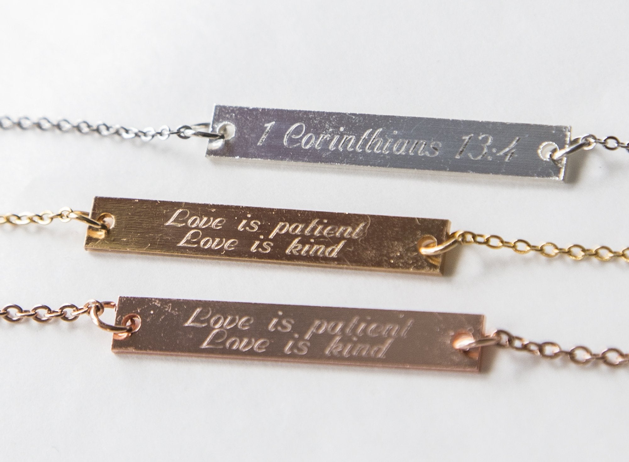 Engraved Love is Patient Love is Kind Bar Pendant Necklace - 1 Cor 13 Scripture Jewelry Bijou Her