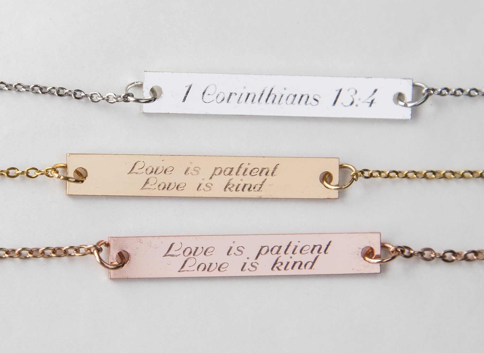 Engraved Love is Patient Love is Kind Bar Pendant Necklace - 1 Cor 13 Scripture Jewelry Bijou Her