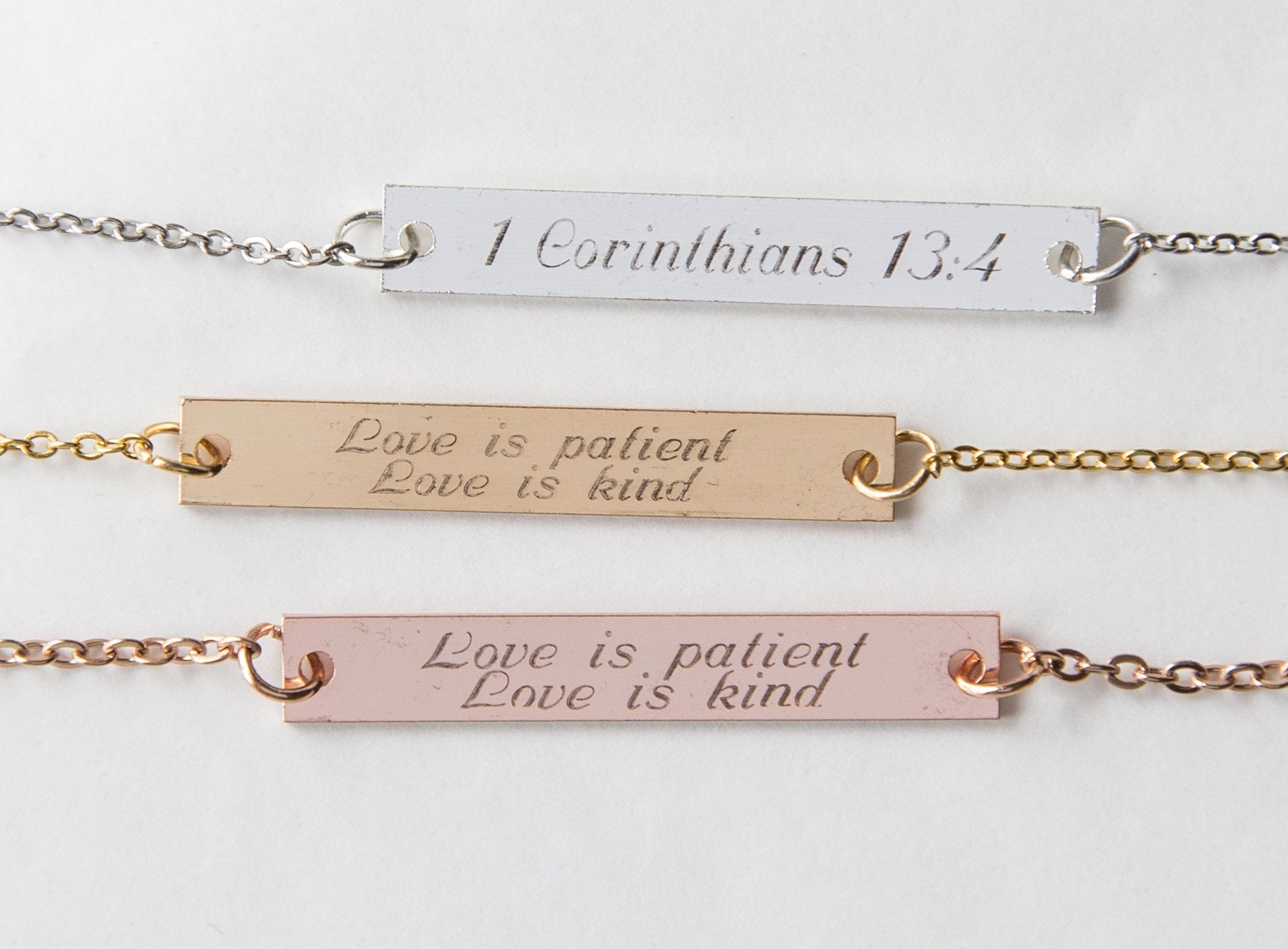 Engraved Love is Patient Love is Kind Bar Pendant Necklace - 1 Cor 13 Scripture Jewelry Bijou Her