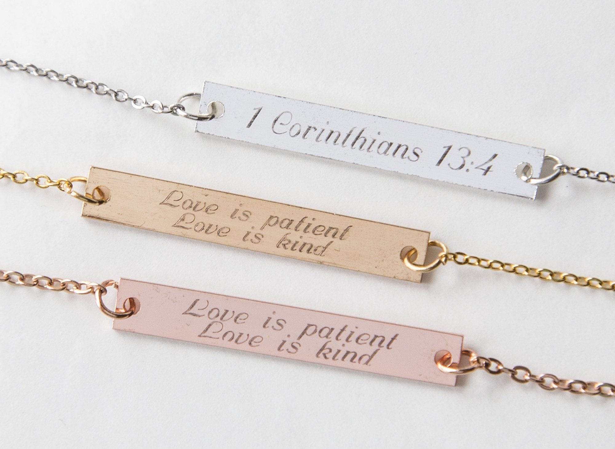 Engraved Love is Patient Love is Kind Bar Pendant Necklace - 1 Cor 13 Scripture Jewelry Bijou Her