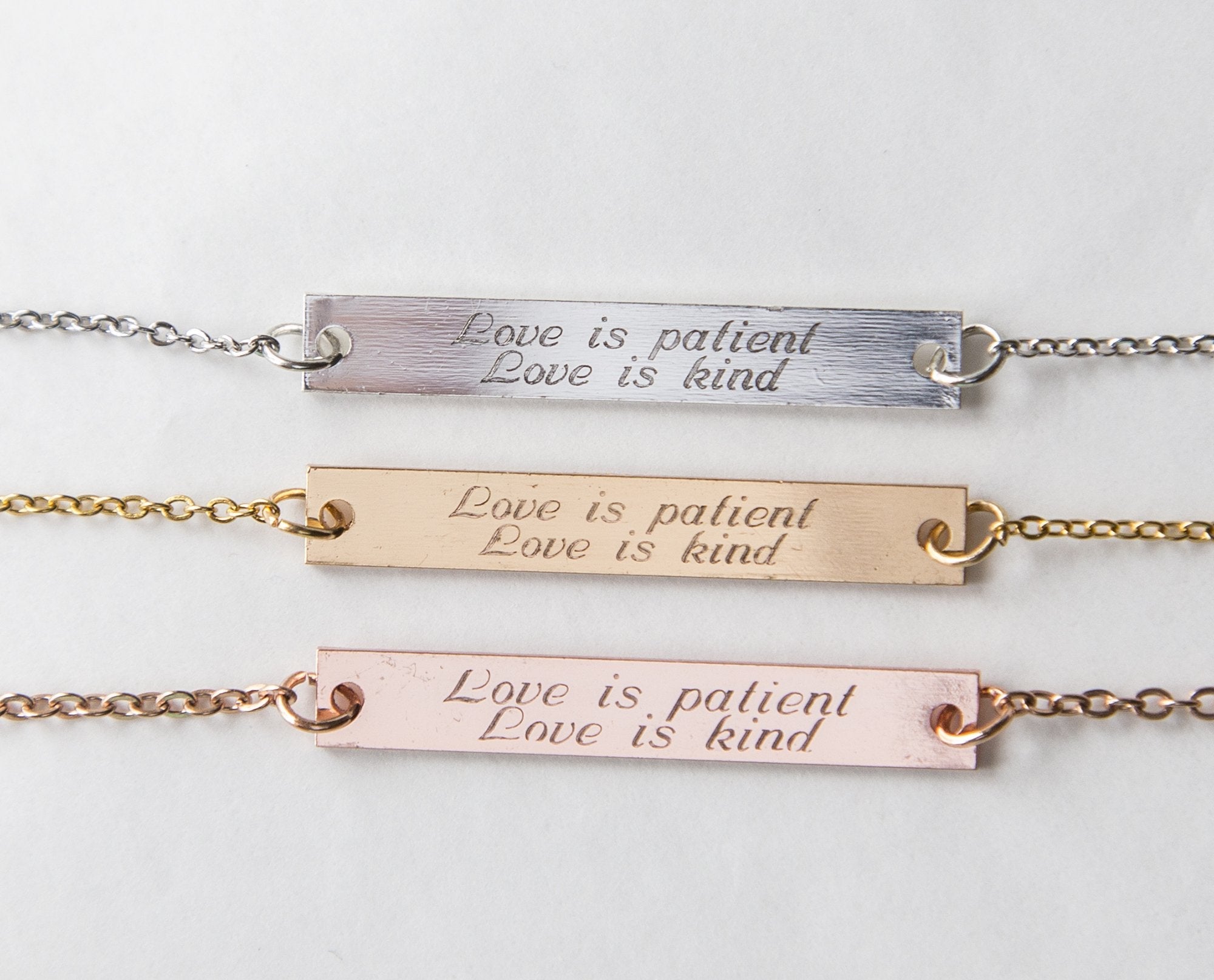 Engraved Love is Patient Love is Kind Bar Pendant Necklace - 1 Cor 13 Scripture Jewelry Bijou Her