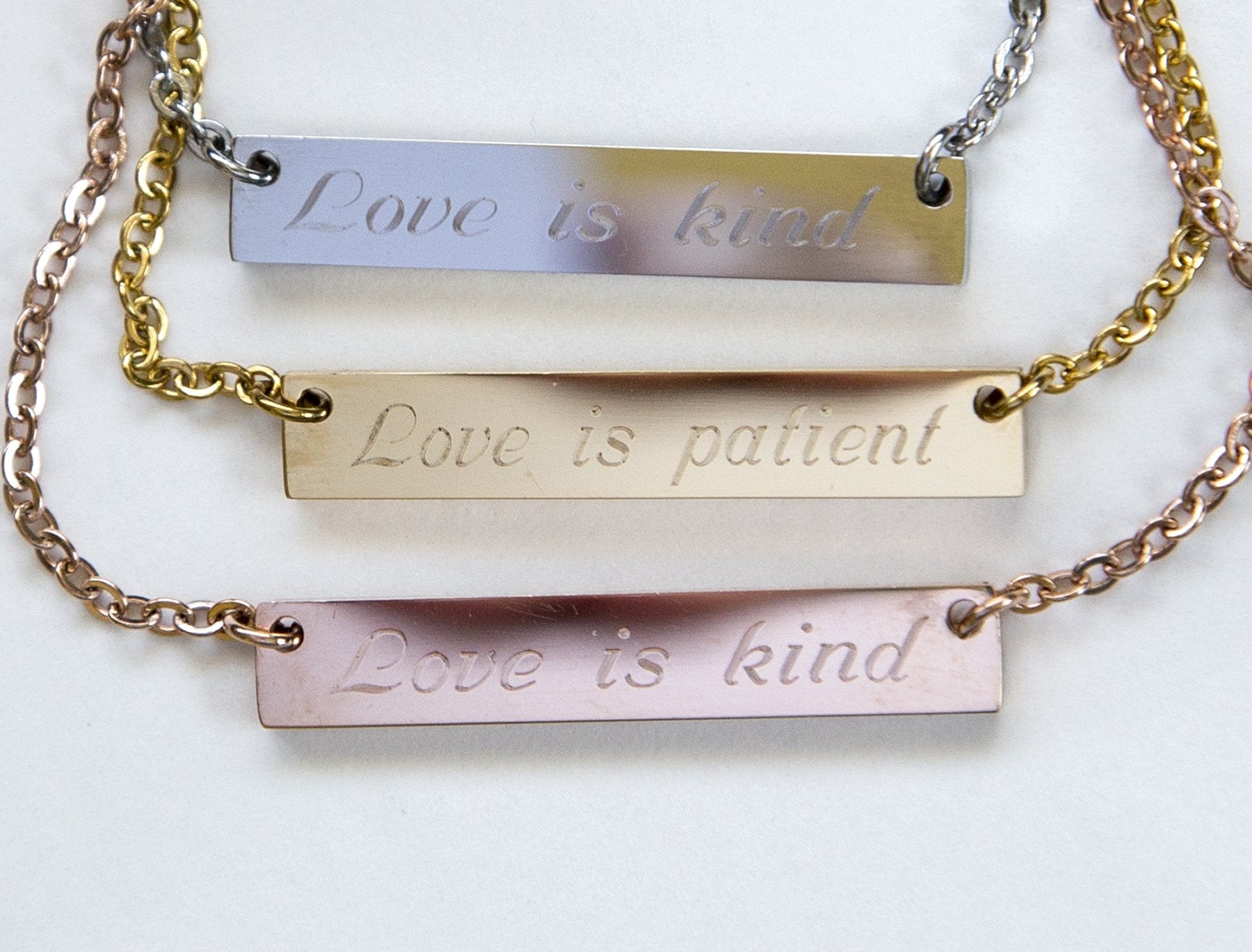 Engraved Love is Patient and Kind Bar Pendant Necklace - Personalized Scripture Jewelry Bijou Her