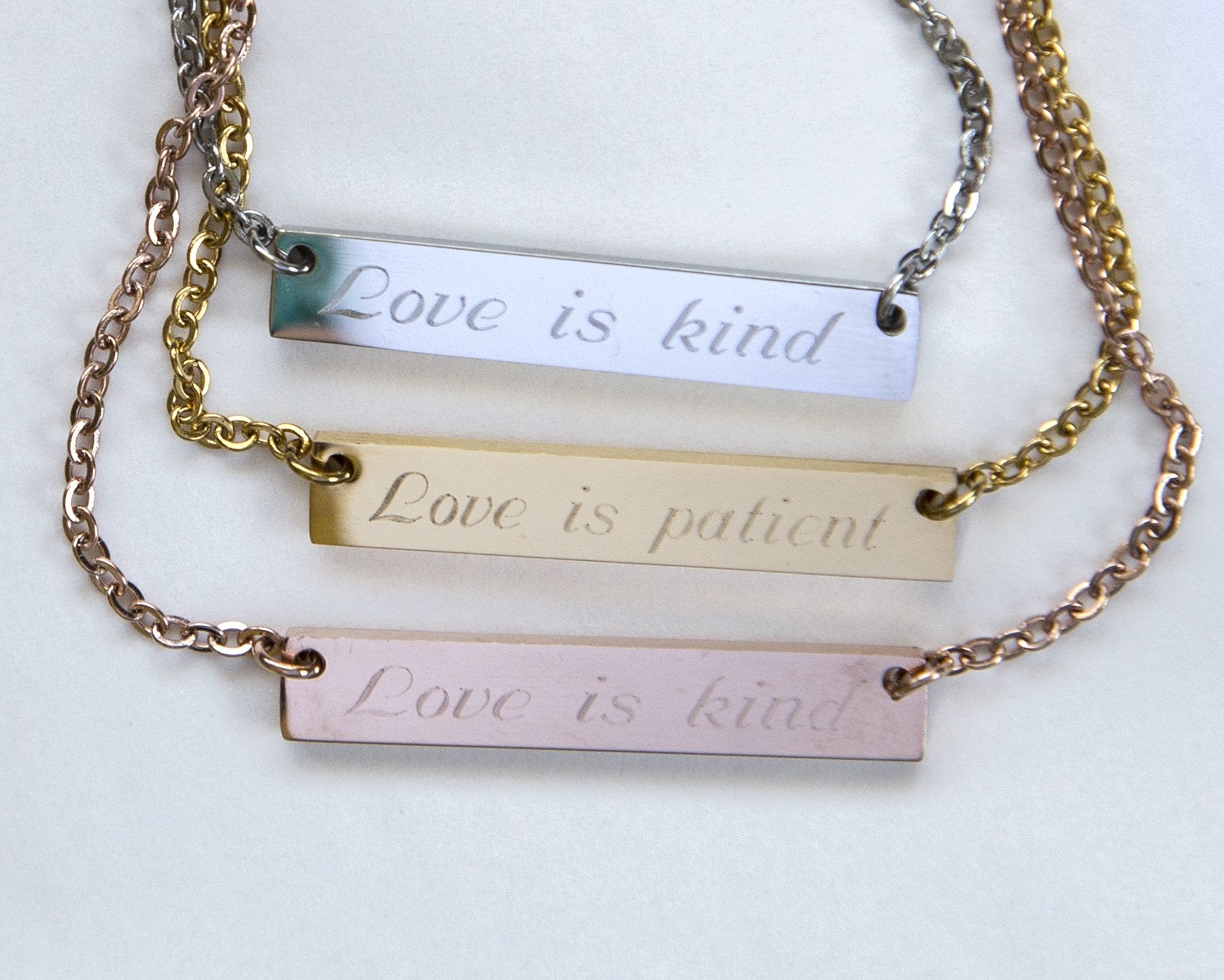 Engraved Love is Patient and Kind Bar Pendant Necklace - Personalized Scripture Jewelry Bijou Her