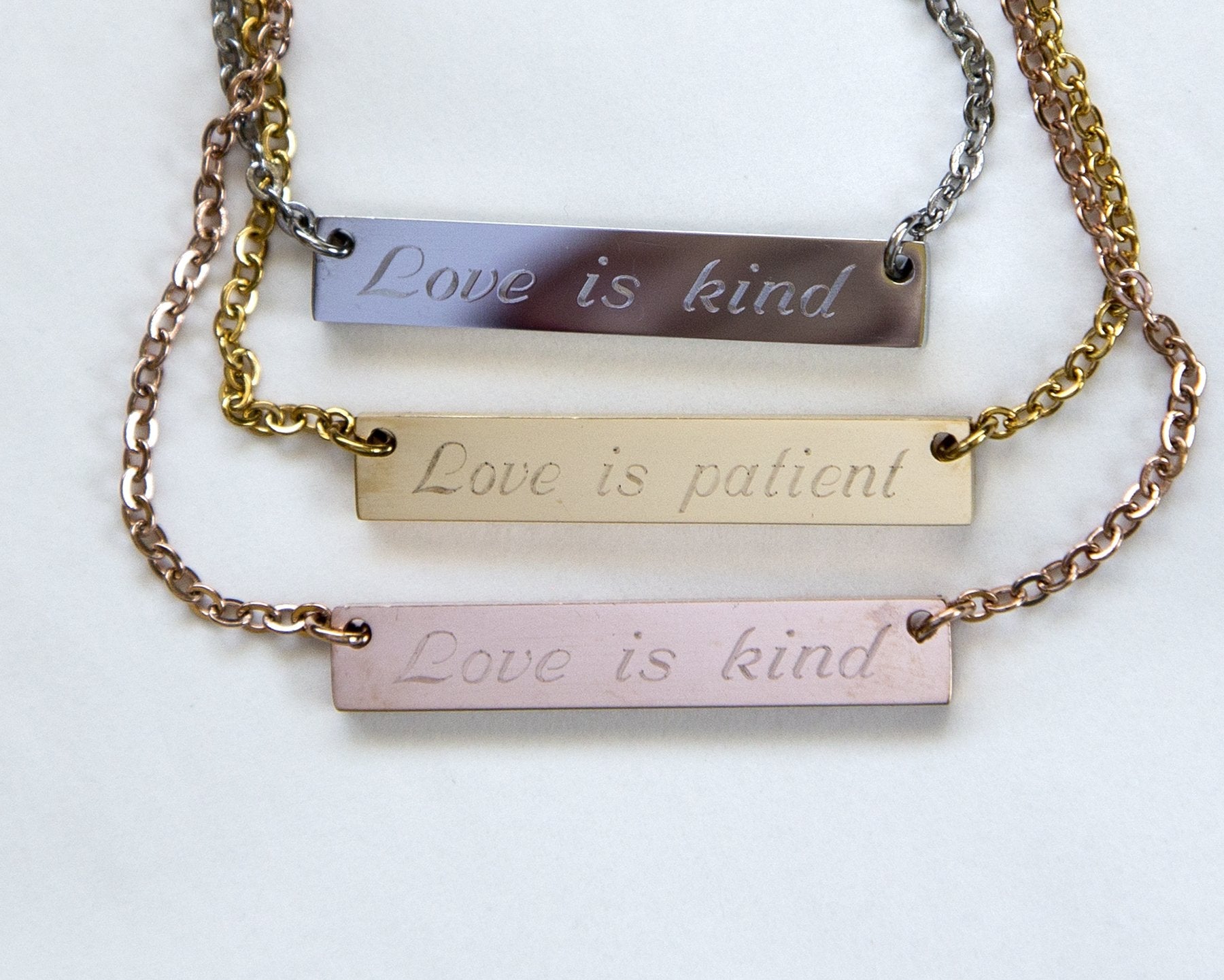 Engraved Love is Patient and Kind Bar Pendant Necklace - Personalized Scripture Jewelry Bijou Her