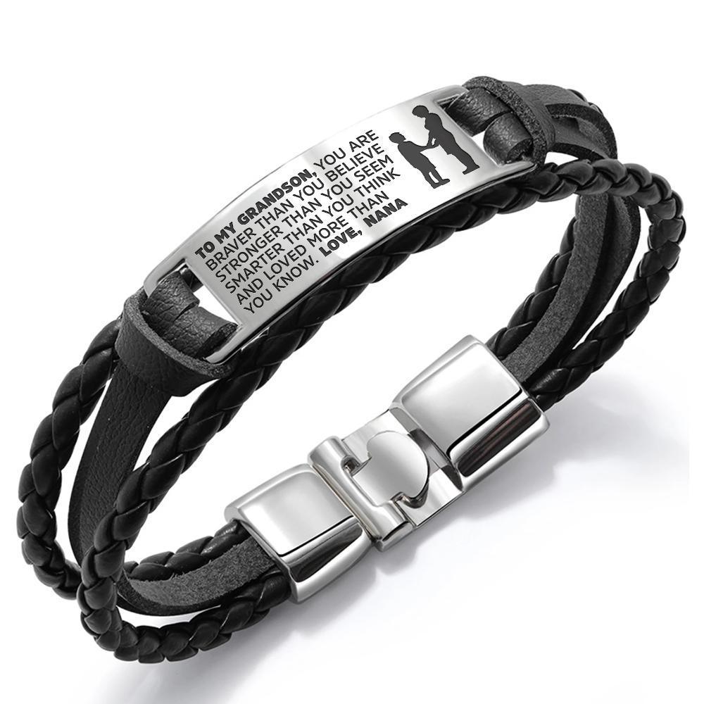 Engraved Steel & Leather Bracelet for Grandson - Nana's Love Gift Bijou Her