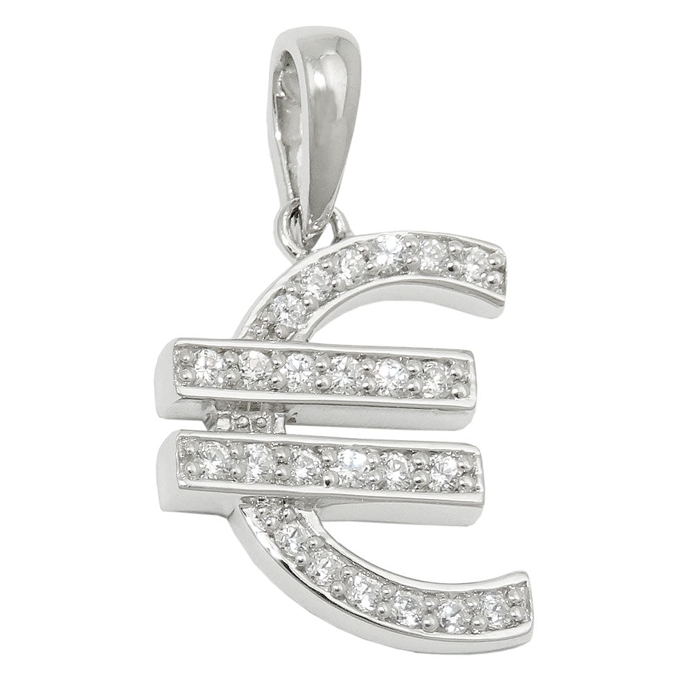 Euro Symbol Zirconia Pendant in Sterling Silver
This chic pendant features a Euro sign studded with zirconia crystals. Rhodium plated to prevent tarnishing, it's an elegant and eye-catching addition to any outfit. Measures 15x13mm with a Bijou Her