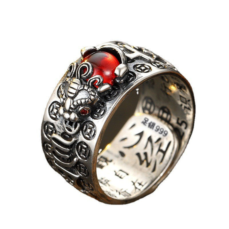 European And American Vintage Pixiu Heart Sutra Male And Female Aggressive Six-character Truth Opening Ring Bijou Her