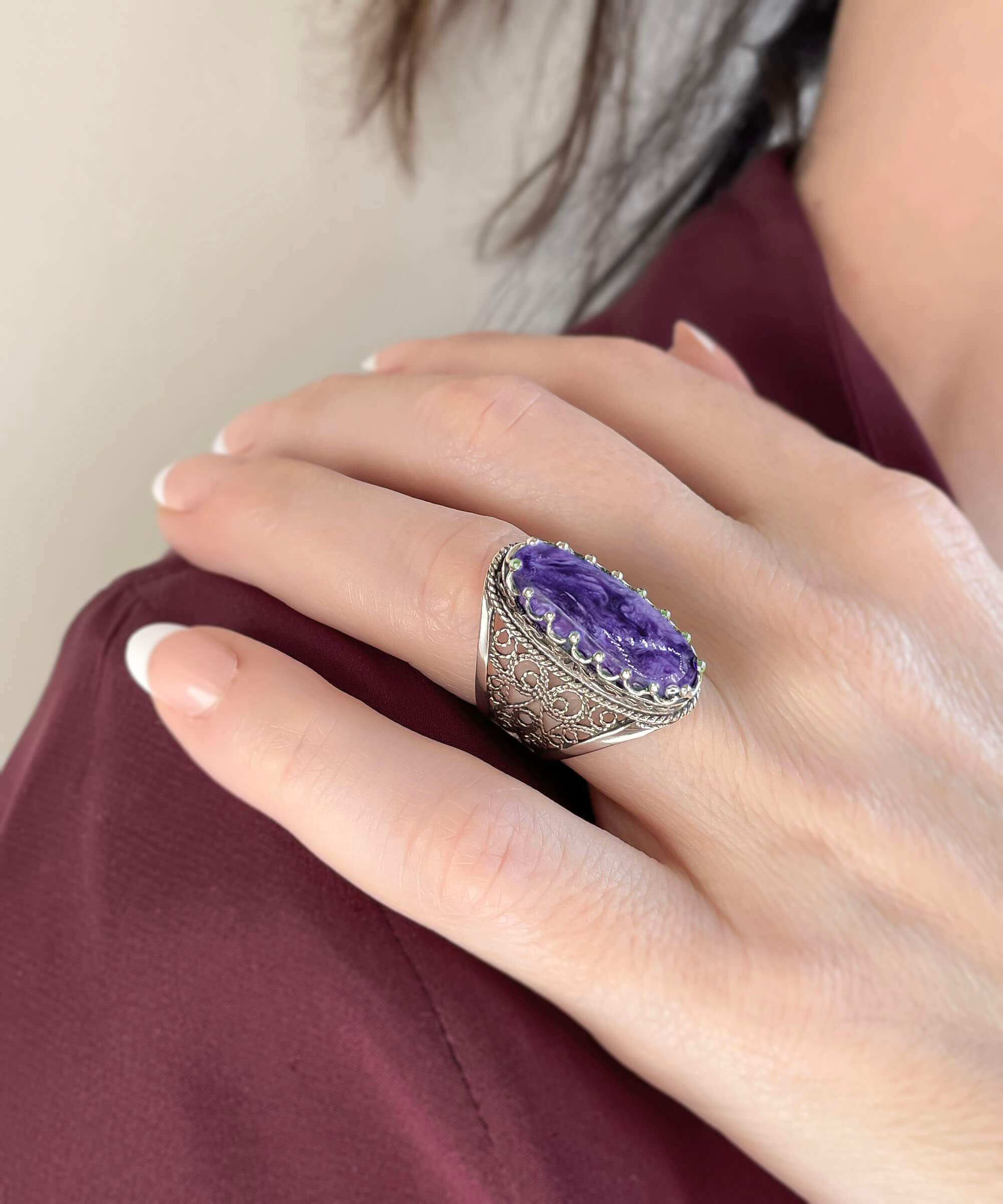 Exquisite Filigree Art Charoite Gemstone Silver Ring for Women Bijou Her