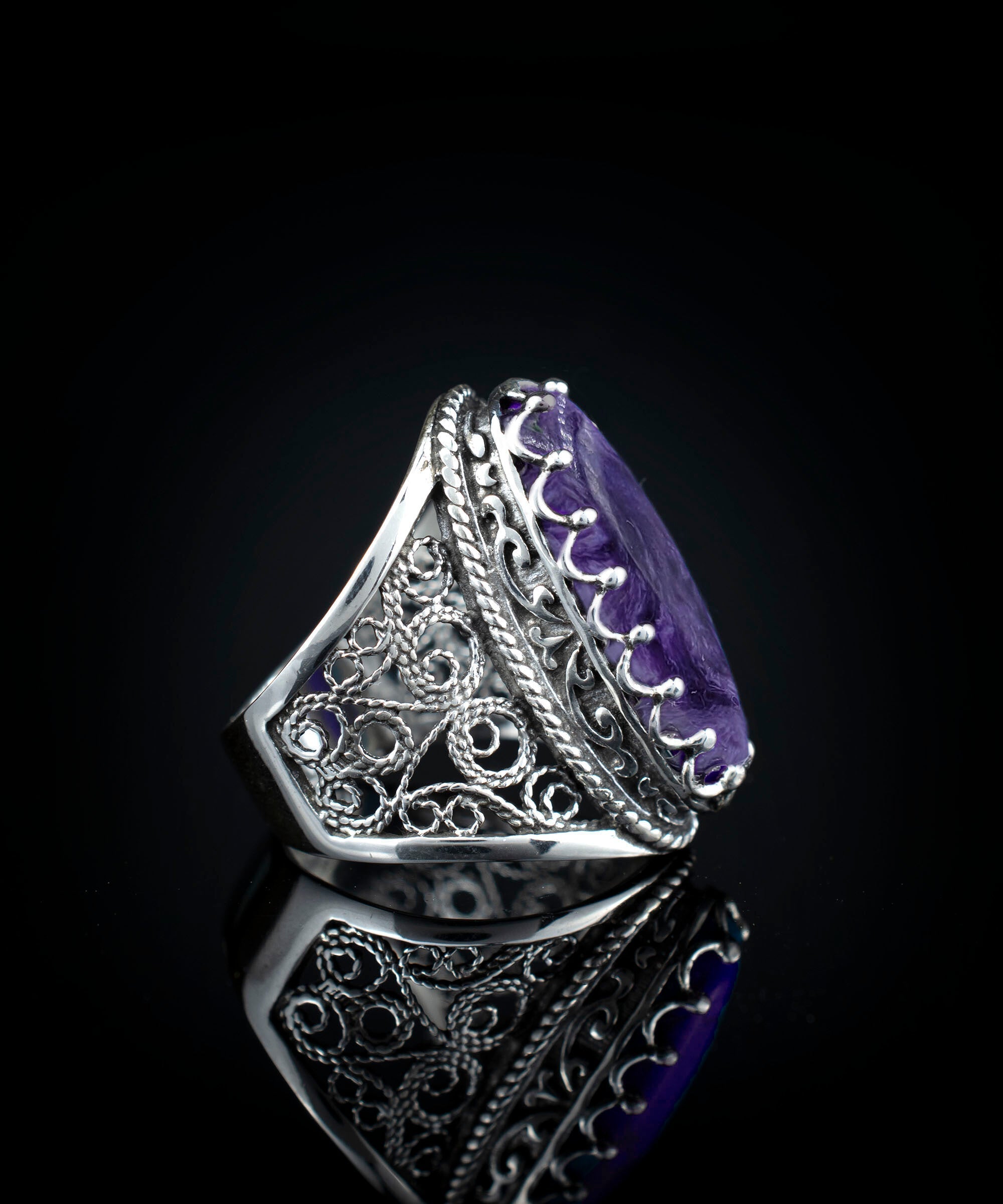 Exquisite Filigree Art Charoite Gemstone Silver Ring for Women Bijou Her