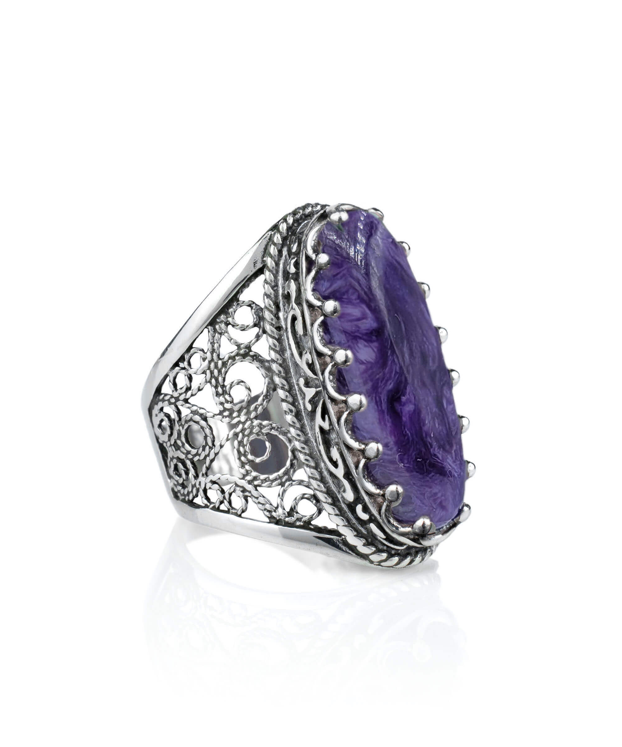 Exquisite Filigree Art Charoite Gemstone Silver Ring for Women Bijou Her