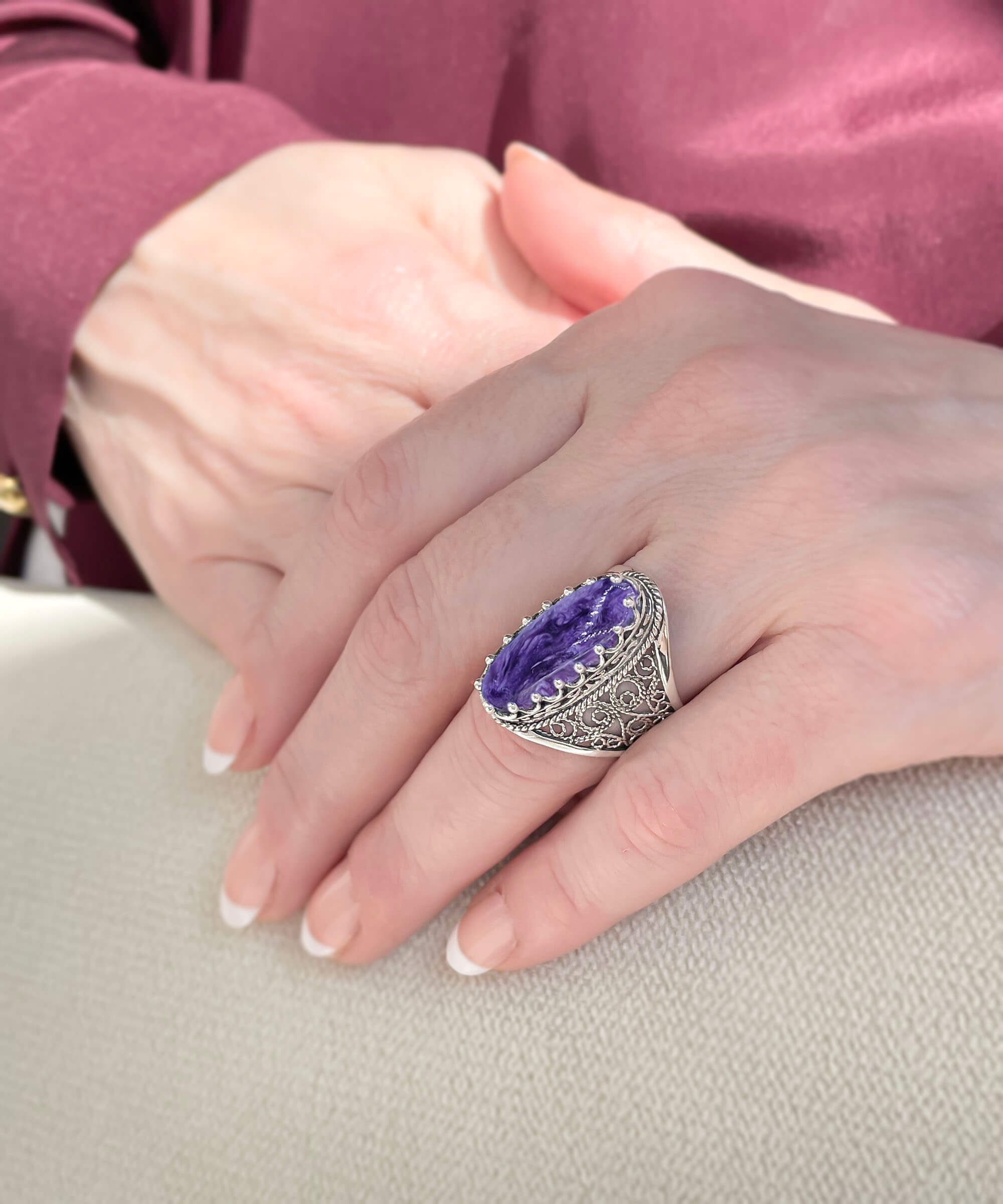 Exquisite Filigree Art Charoite Gemstone Silver Ring for Women Bijou Her