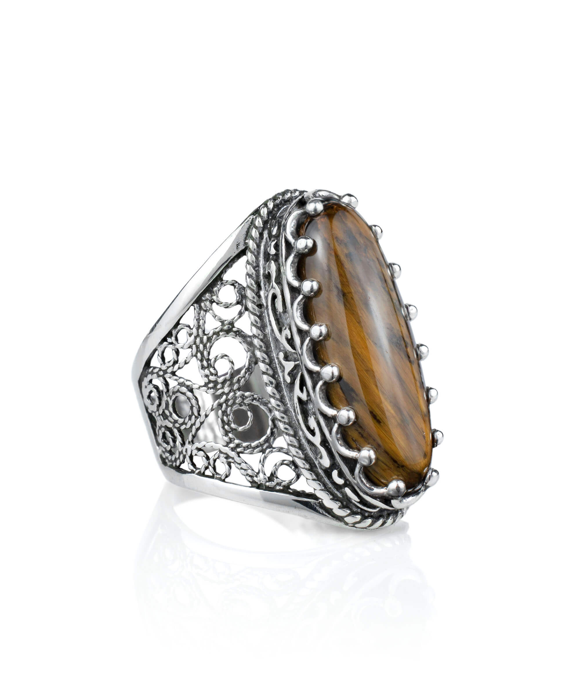 Exquisite Filigree Art Tiger Eye Silver Statement Ring for Women Bijou Her