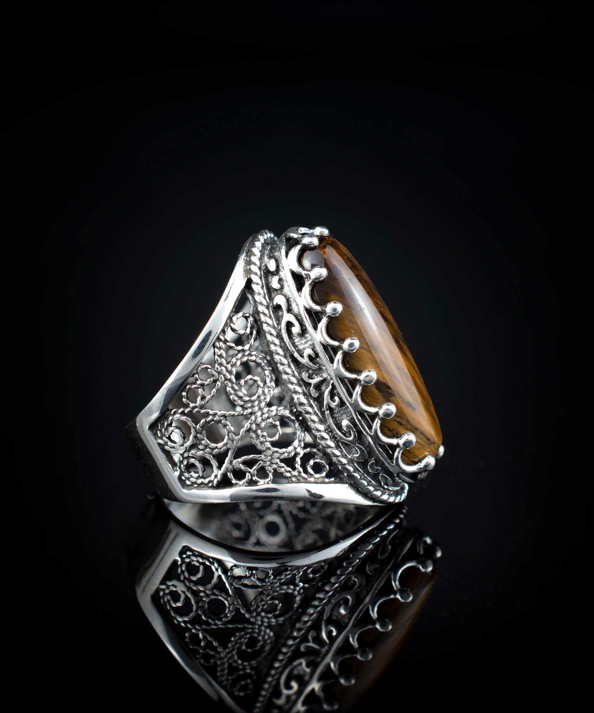 Exquisite Filigree Art Tiger Eye Silver Statement Ring for Women Bijou Her